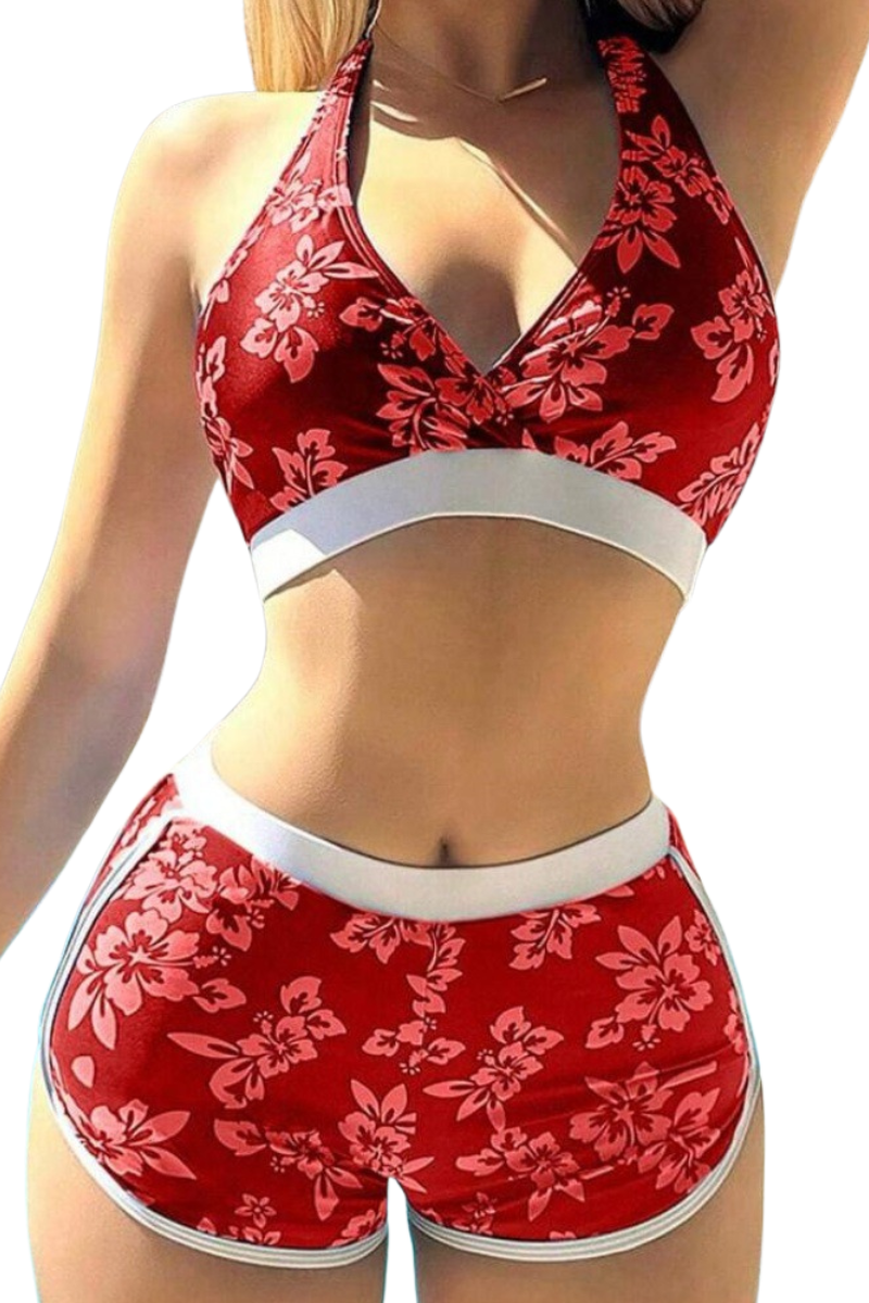 Women's Tropical Halter Deep V High Waist Shorts Bikini Set