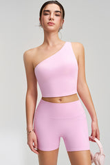 Women Single Shoulder Quick Dry Waist Shaping Yoga Set: Short Sleeve Bra + Shorts