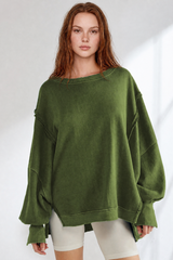 Women's Fall Vintage Raw‑Edge Seam Side Slit Hem Sweatshirt
