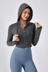 Women Hooded Drawstring Short Slim Outdoor Sports Fitness Yoga Jacket