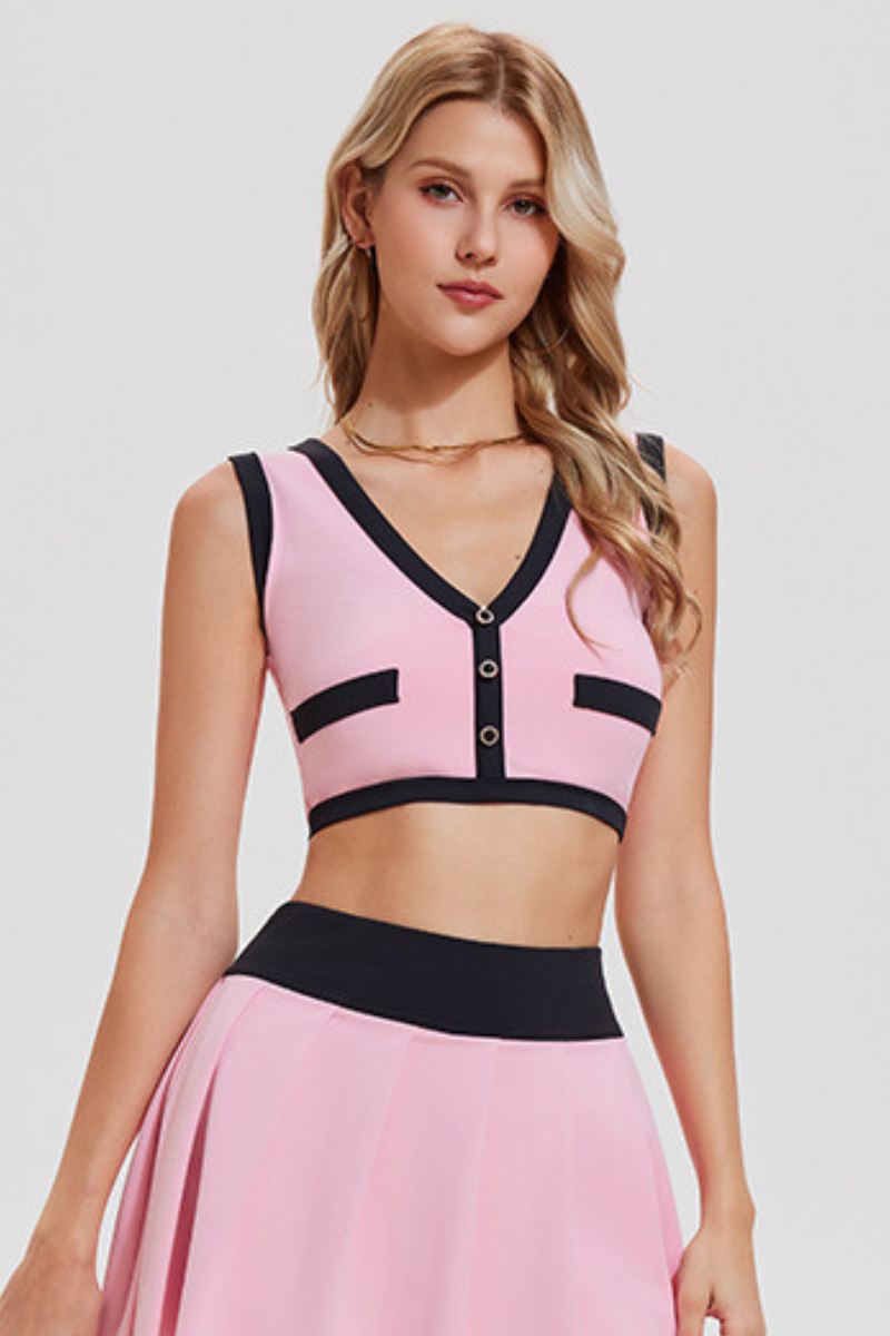 Women's Summer Color-Block V-Neck Sports Tennis Cropped Top