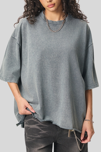 Unisex 350G heavyweight washed boxy-fit T-shirt with raw edges