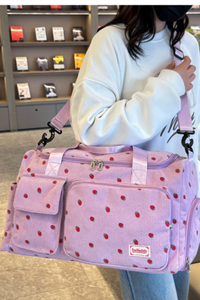 Strawberry Print Corduroy Multi-Pocket Travel Duffel Bag