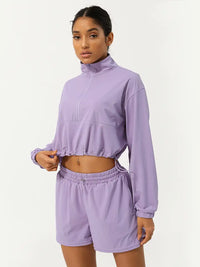 Half Zip Crpped Sports Jacket & Shorts 2 Piece Set