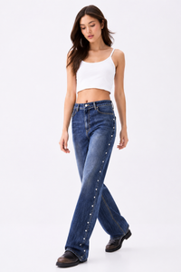 Women's High Waist Side Studded Wide Leg Jeans