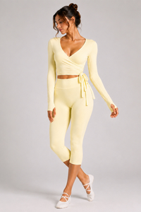 Women's Side Wrap Tie Long Sleeve Top And Capri Yoga Set