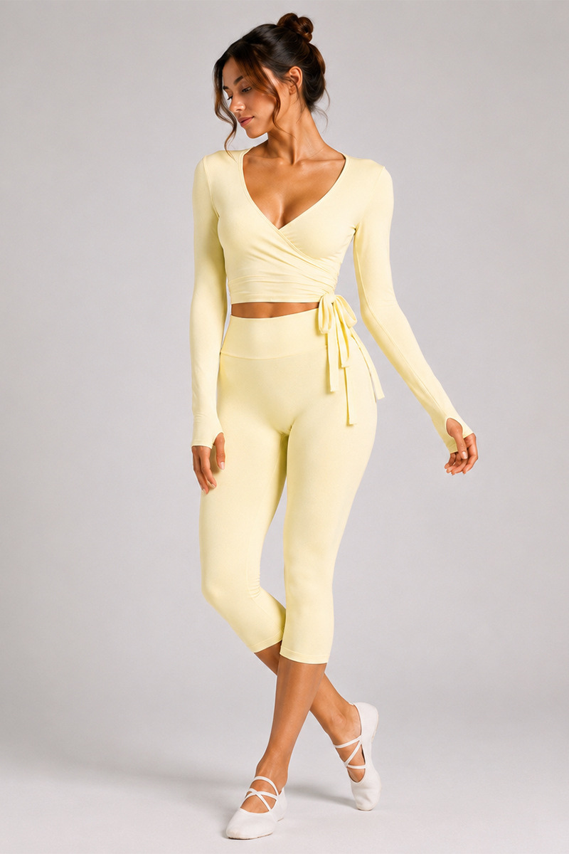 Women's Side Wrap Tie Long Sleeve Top And Capri Yoga Set