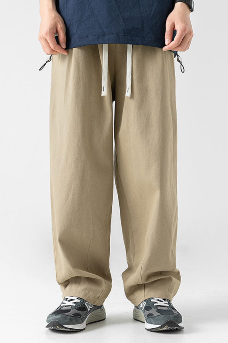 Men's Fall 100% Cotton Washed Drawstring Fleece-Lined Pants