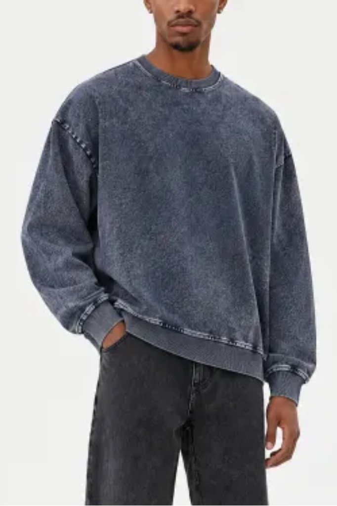 Unisex Fall 380G Heavyweight Washed Denim Relaxed Pullover