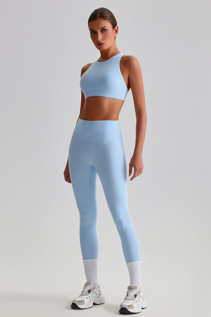 Women Brushed Cross-Back Slim-Fit Yoga Set: High-Waisted Butt-Lifting Outdoor Running Leggings + Round Neck Sports Bra
