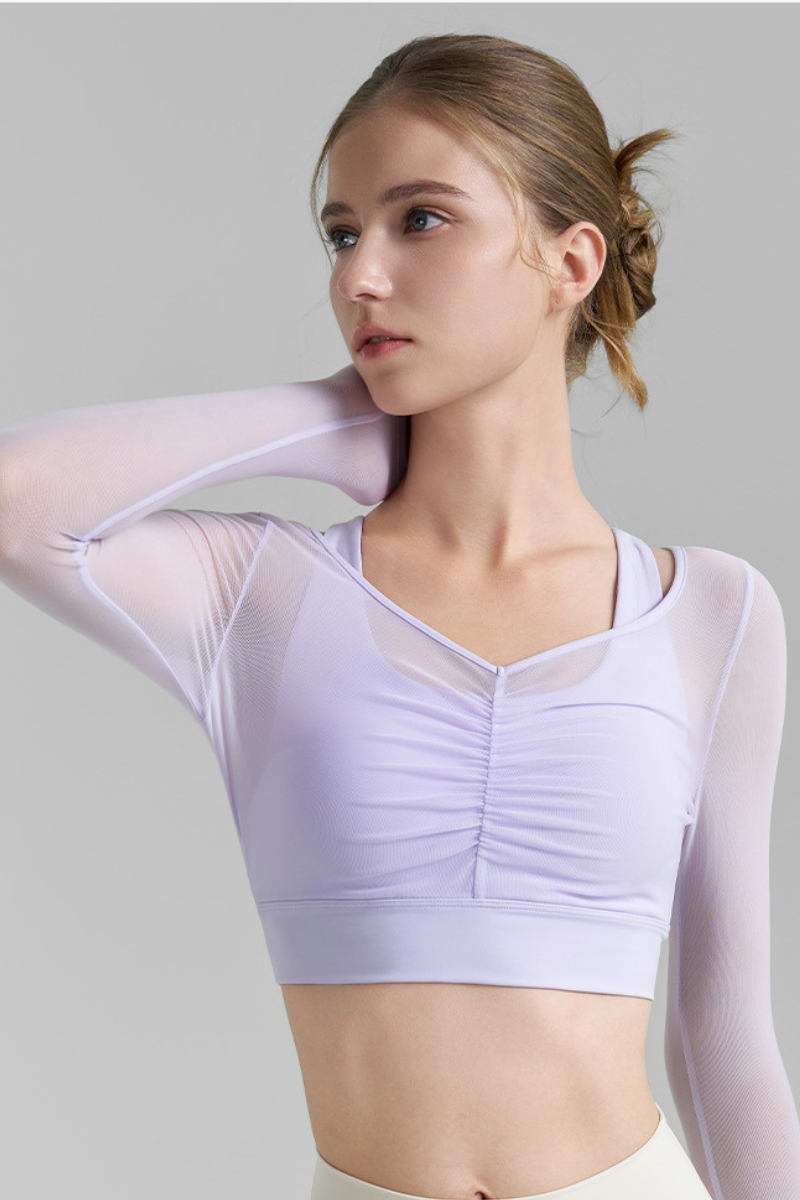 Women's Mesh Fake Two Piece Pleated Long Sleeve Yoga Top
