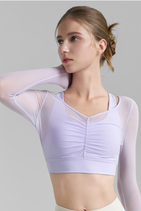 Women's Mesh Fake Two Piece Pleated Long Sleeve Yoga Top
