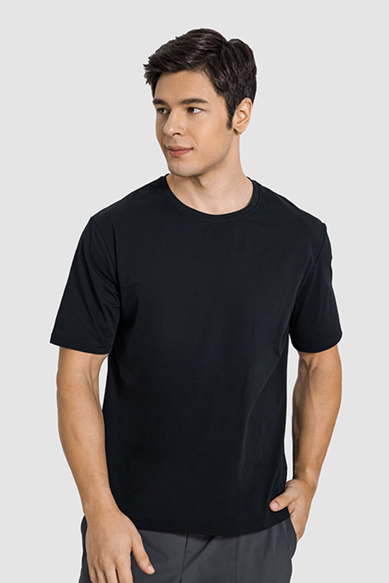 Men Casual Short Sleeve Quick-Dry Breathable Elastic Fitness Running Round-Neck Solid Color T-Shirt