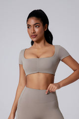 Women Square Neck Crop Removable-Pad Pleated Sculpting Workout Short Sleeve