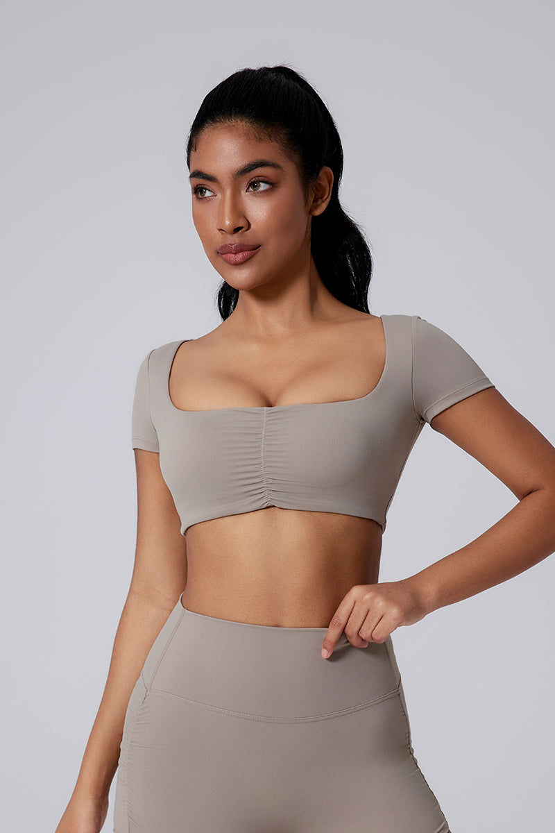 Women Square Neck Crop Removable-Pad Pleated Sculpting Workout Short Sleeve