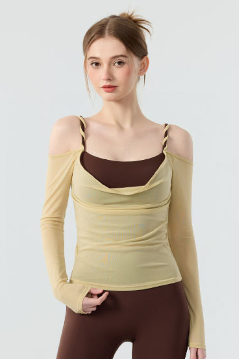 Women’s Twist Strap  Sheer Off-Shoulder Padded Yoga Top