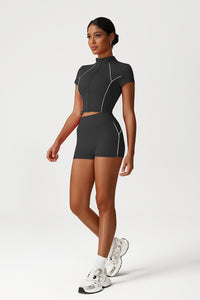 Women Seamless High Waisted Workout Set: Stand Collar Jacket + Peach Lifting Shorts