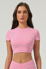 Women's  Color-Block Piping Cropped Mock Neck Sports Top