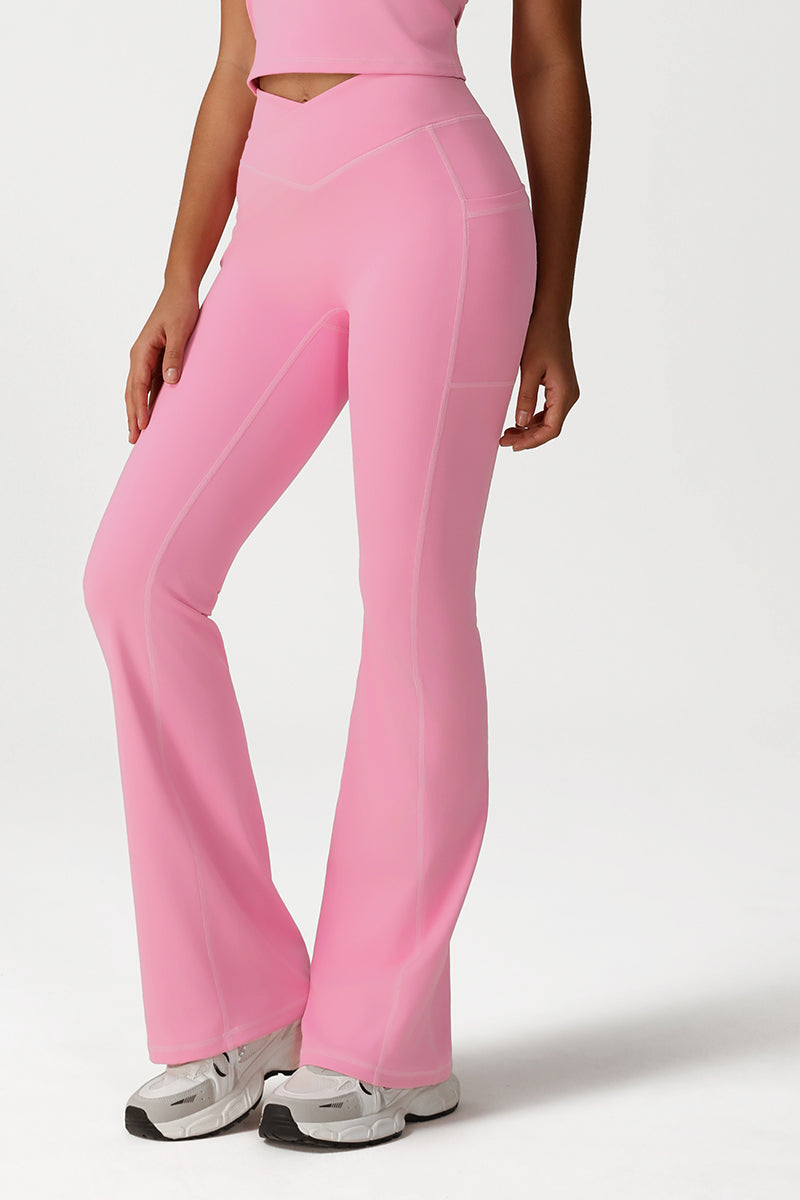 Women Cross Waist Flared Yoga Pants with Side Pocket