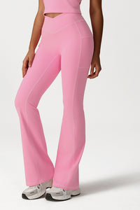 Women Cross Waist Flared Yoga Pants with Side Pocket