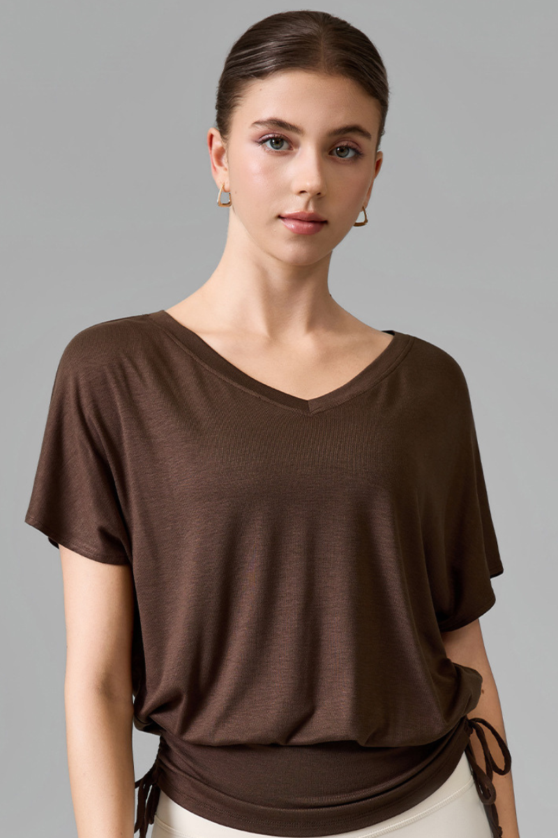 Women's V Neck Batwing Sleeve Side Drawstring Loose Fit Top