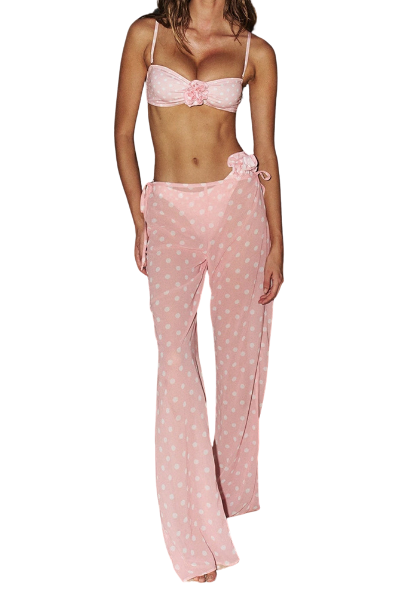 Women's Sexy 3D Floral Wide Leg Adjustable Bikini Set - Pink