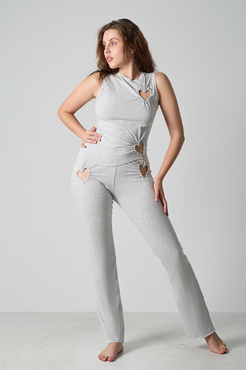 Women's Valentine's Day Round Neck Heart Cut-Out Long Tank Two-Piece Set