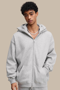Hooded zip-up sweatshirt.