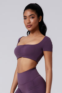 Women Square Neck Crop Removable-Pad Pleated Sculpting Workout Short Sleeve