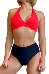 Women's Halter Deep V High Waist Back Tie Bikini Set - Solid