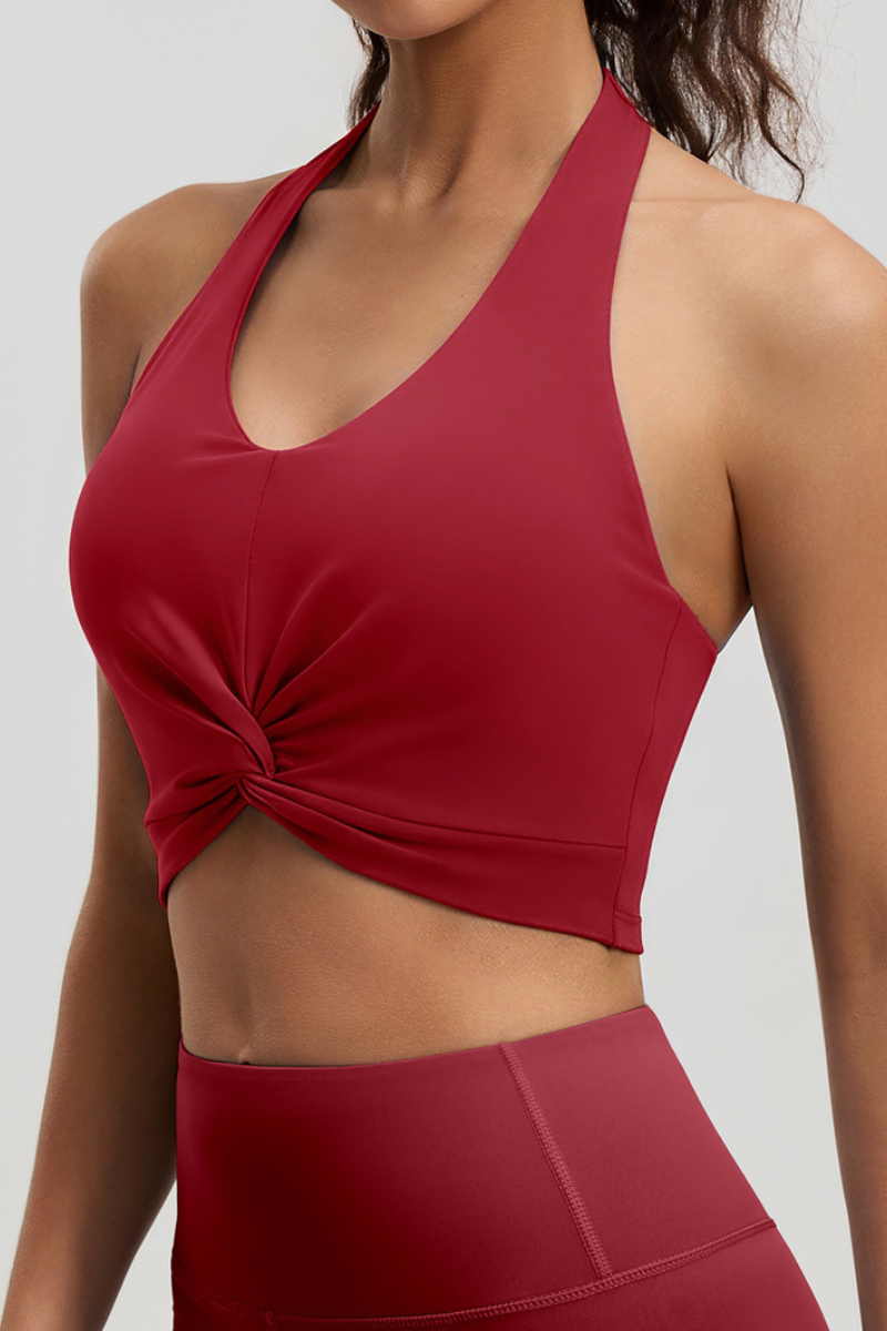 Women's Twist‑Front Halterneck Padded Cropped Sport Tank Top