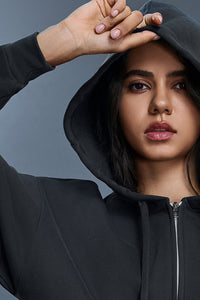 Women Fleece Hooded Windproof Loose Casual Zip Jacket