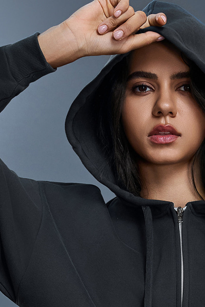 Women Fleece Hooded Windproof Loose Casual Zip Jacket