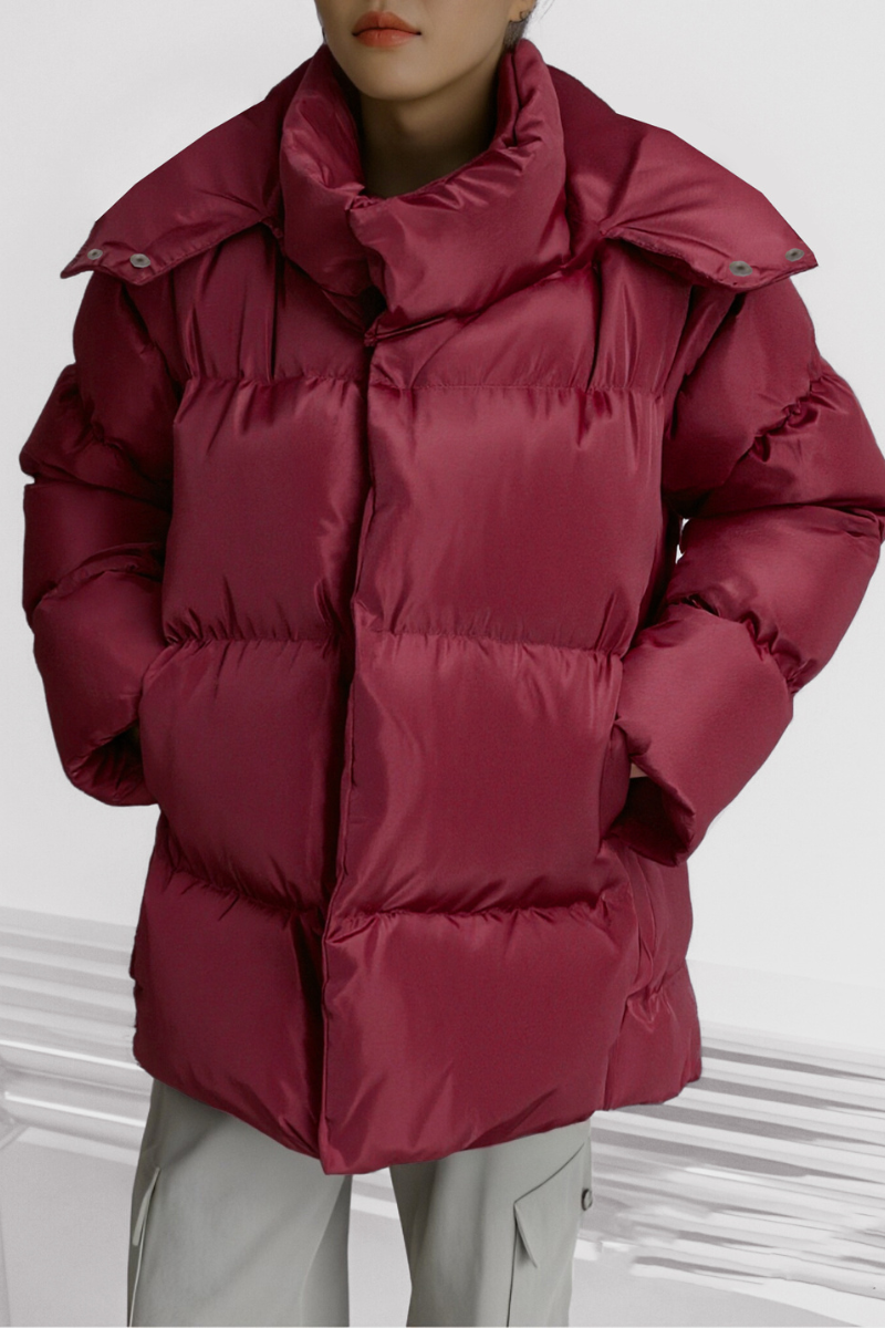 Women's stand-up collar bread-style hooded cotton jacket.