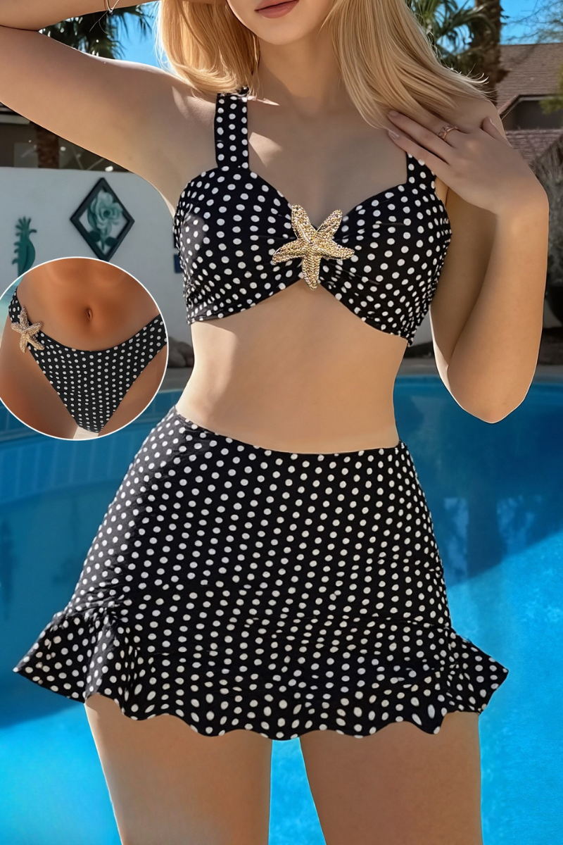 Women's Summer Polka Dot Starfish Ruffle 3-Piece Bikini Set