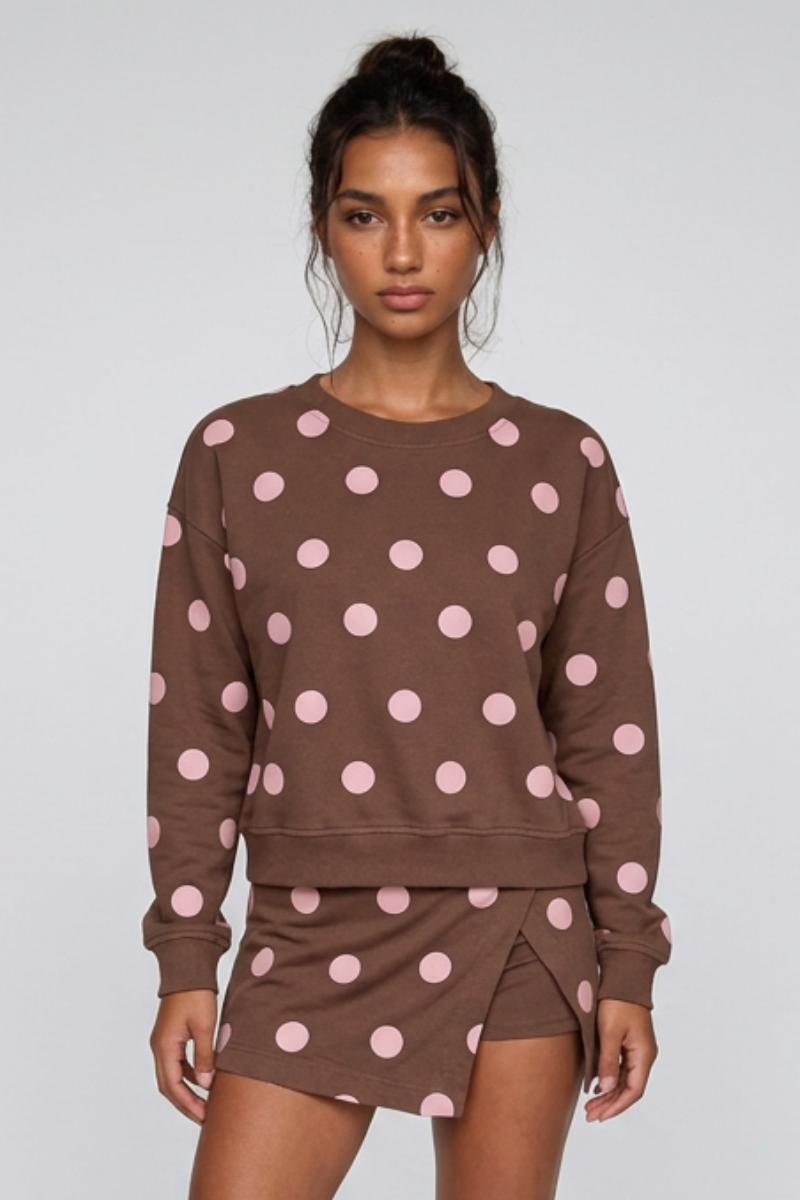 Women's Fall Polka Dot Crew Neck Pullover & Split Skort Set