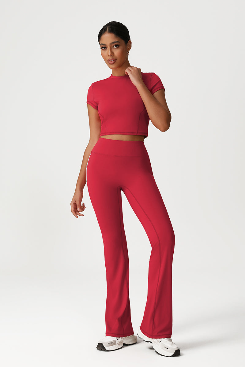 Women Seamless High Waisted Flared Yoga Set: Cropped T-Shirt + Flared Leggings