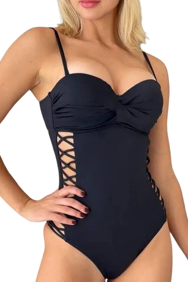 Women's Deep V Crisscross Hollow One Piece Swimsuit - Black