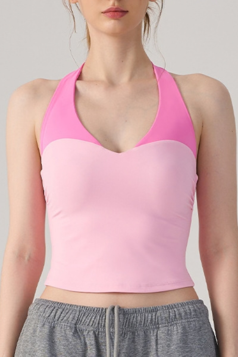 Women's Athletic Halterneck Color Block Cropped Tank Top