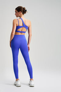 Women Single Shoulder Backless Yoga Set: Crisscross Strap Sports Bra + High Waist Leggings