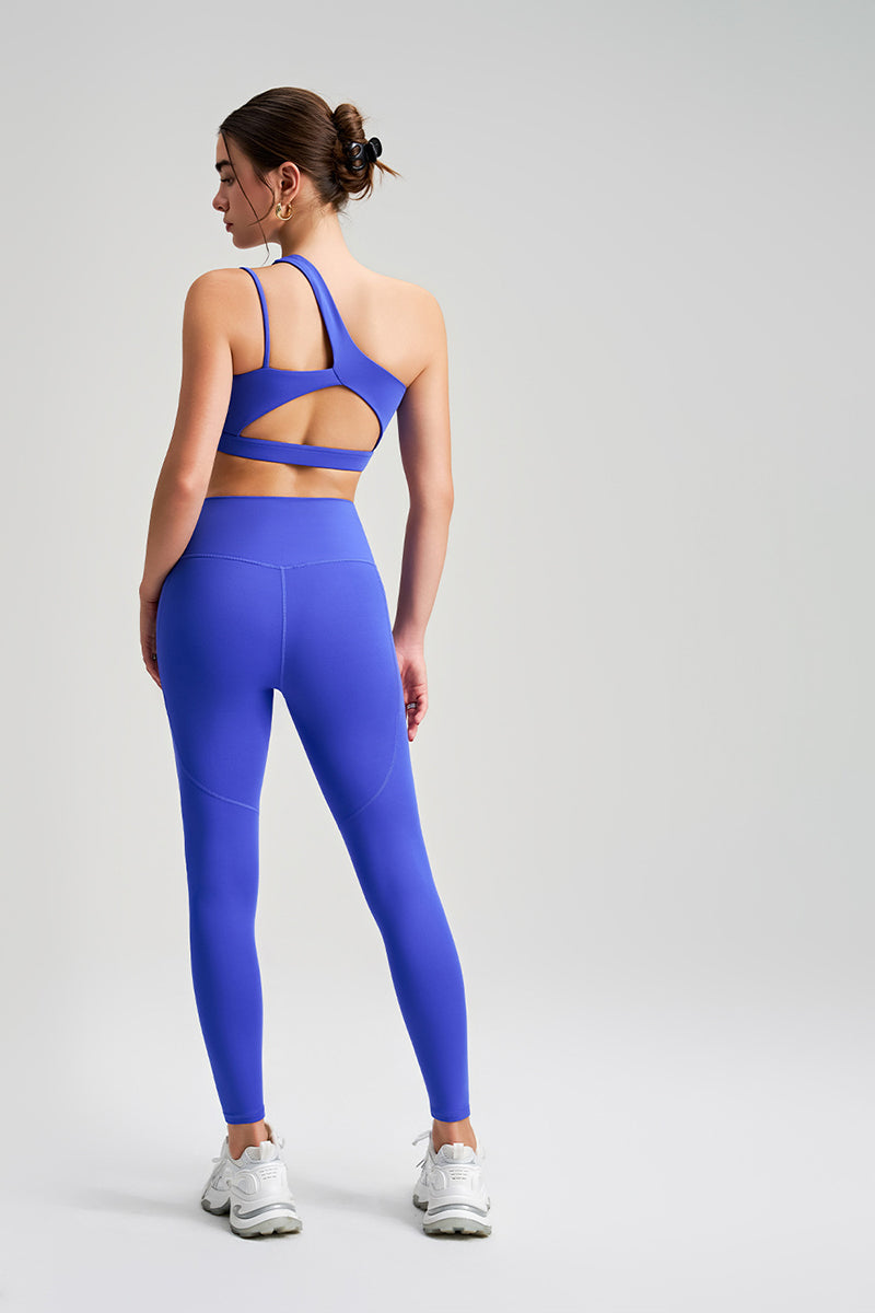 Women Single Shoulder Backless Yoga Set: Crisscross Strap Sports Bra + High Waist Leggings