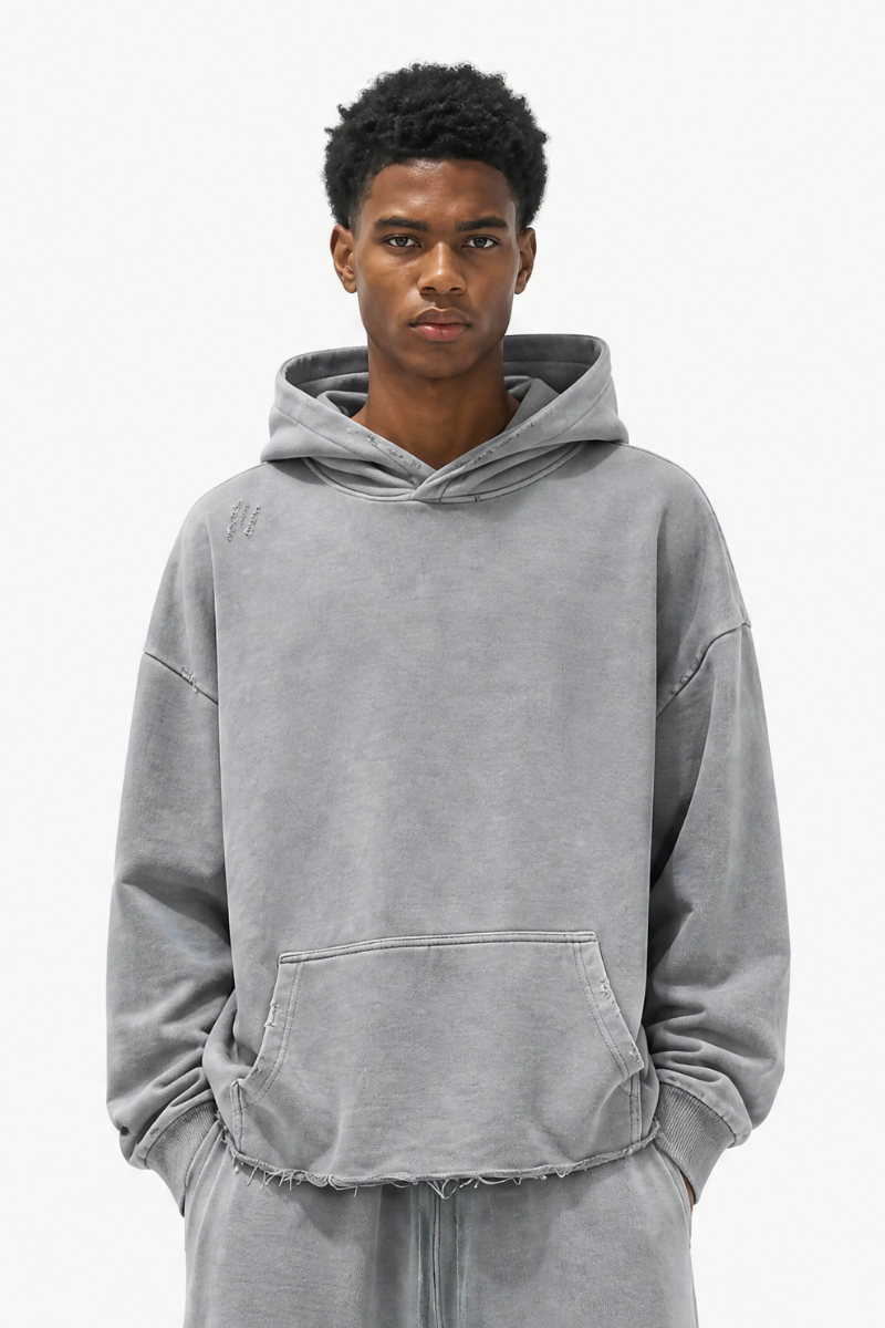 Men's Fall Winter 100% Cotton Washed Frayed Hem Hoodie