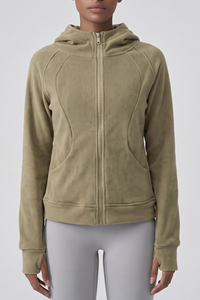 Women's Winter Fleece Zip Up Finger Cuffs Hooded Jacket