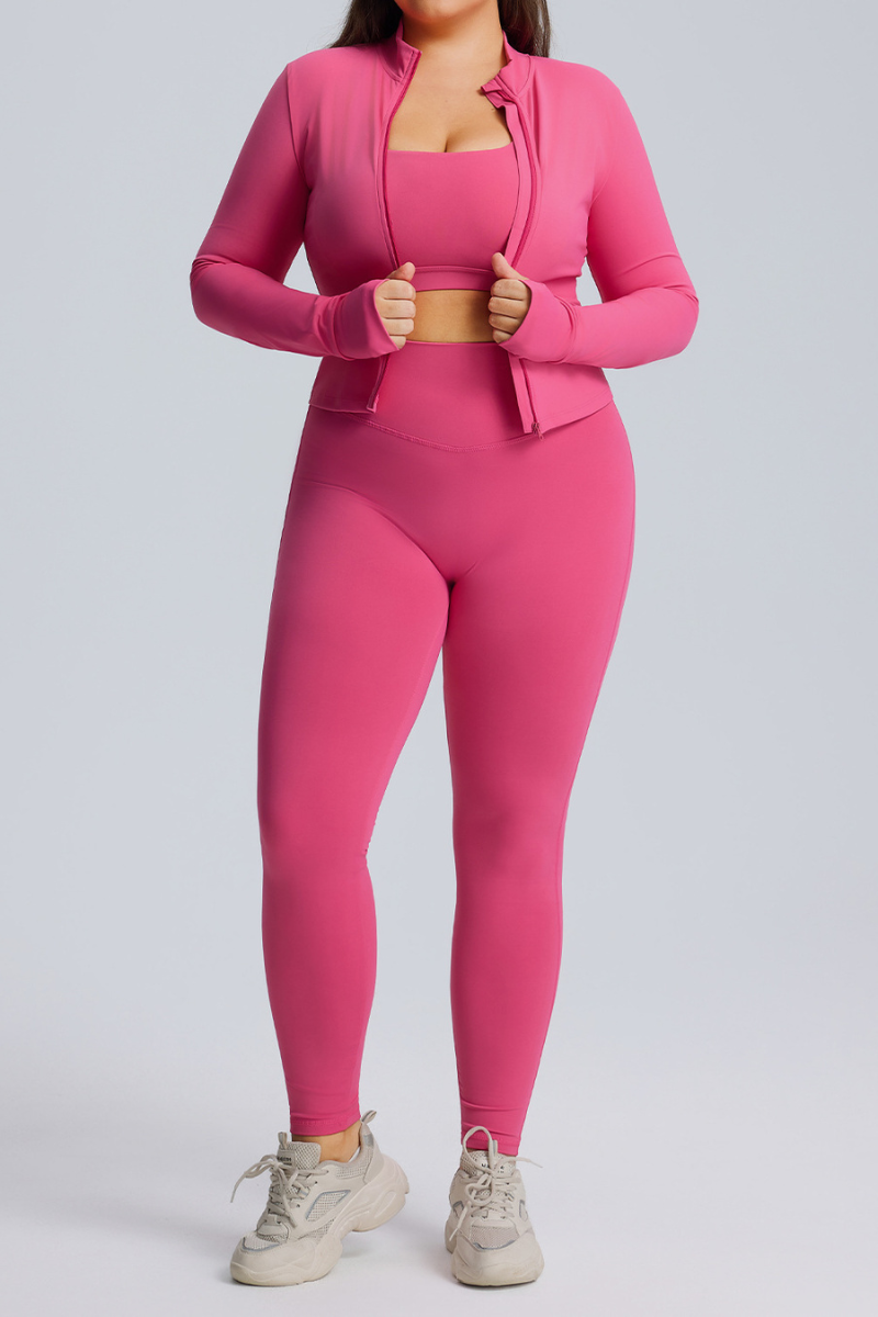 Women's Set:Cros Back Bra & Stan Collar Jackt & Leggings