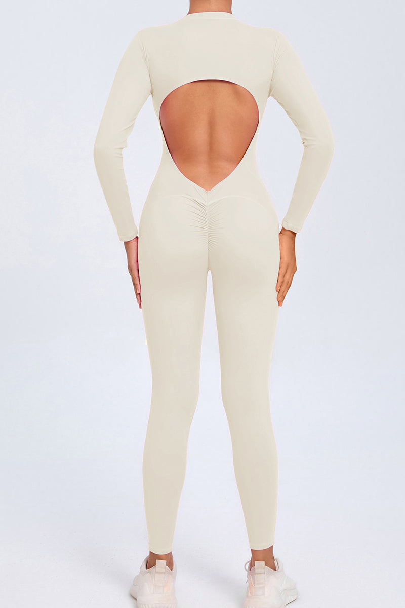 Women Zipper Long Sleeve Long Pants Nude Outfit Fitness Sports Tight Yoga Jumpsuit