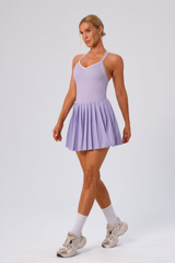 Women's Color Block V-Neck Cross-Back Pleated Tennis Dress