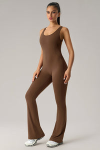Women U-Neck Open-Back Sculpting Flared Pants Yoga Bodysuit