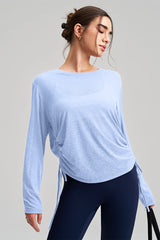 Women Round Neck Yoga Cover Long Sleeve Side Drawstring Loose Fit Sports Top