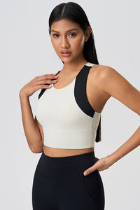 Women Color Block Short Built-In Bra Sculpting Cross Back Yoga Sports Bra