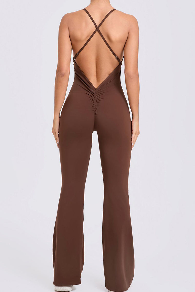 Women Adjustable Straps Flare Hollow Out Hip Lift Yoga Sports Fitness Bodysuit